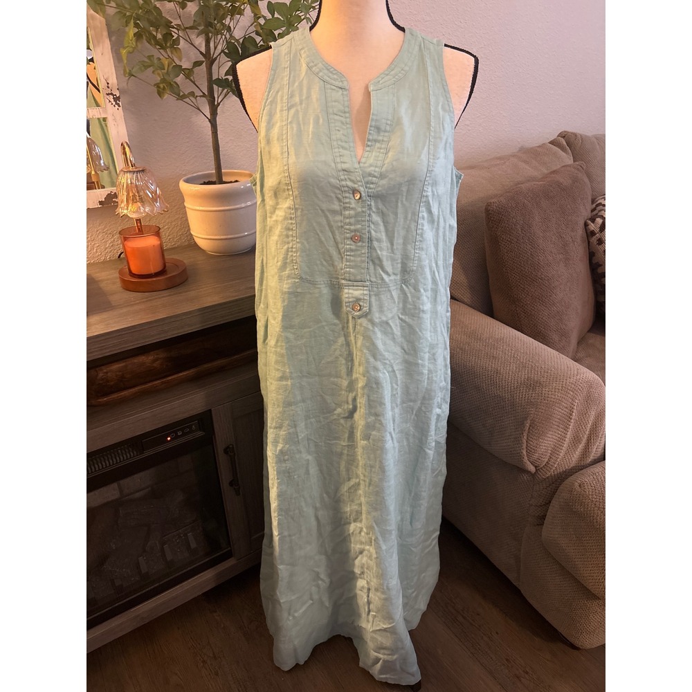 J. Jill Love Linen Maxi Dress Aquatint Blue Green Sleeveless Pintuck NWT M